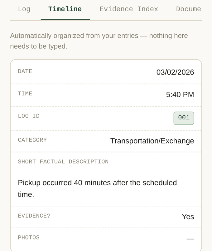 Burden of Proof mobile app showing a Timeline entry with date, category, and factual description