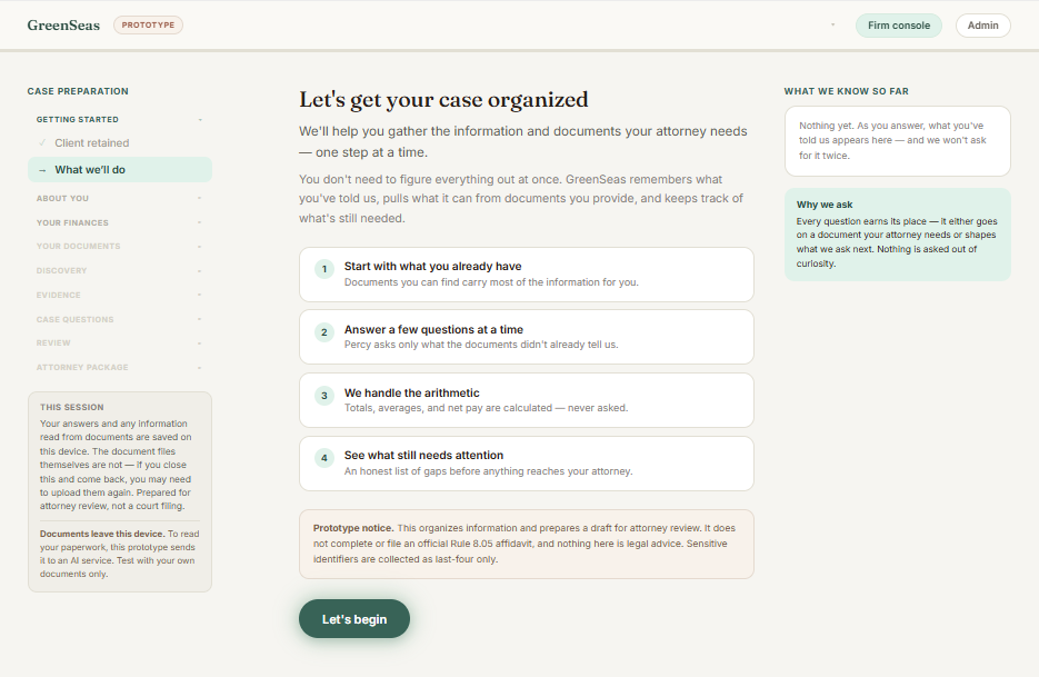 The opening screen of the GreenSeas prototype: the heading 'Let's get your case organized', a short explanation, and four numbered steps that begin with what the client already has.
