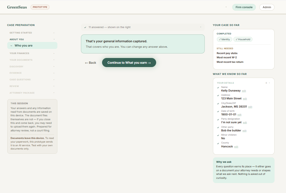 A later screen of the GreenSeas prototype: a confirmation that the client's general information has been captured, beside panels listing what is completed, what is still needed, and the details recorded so far.
